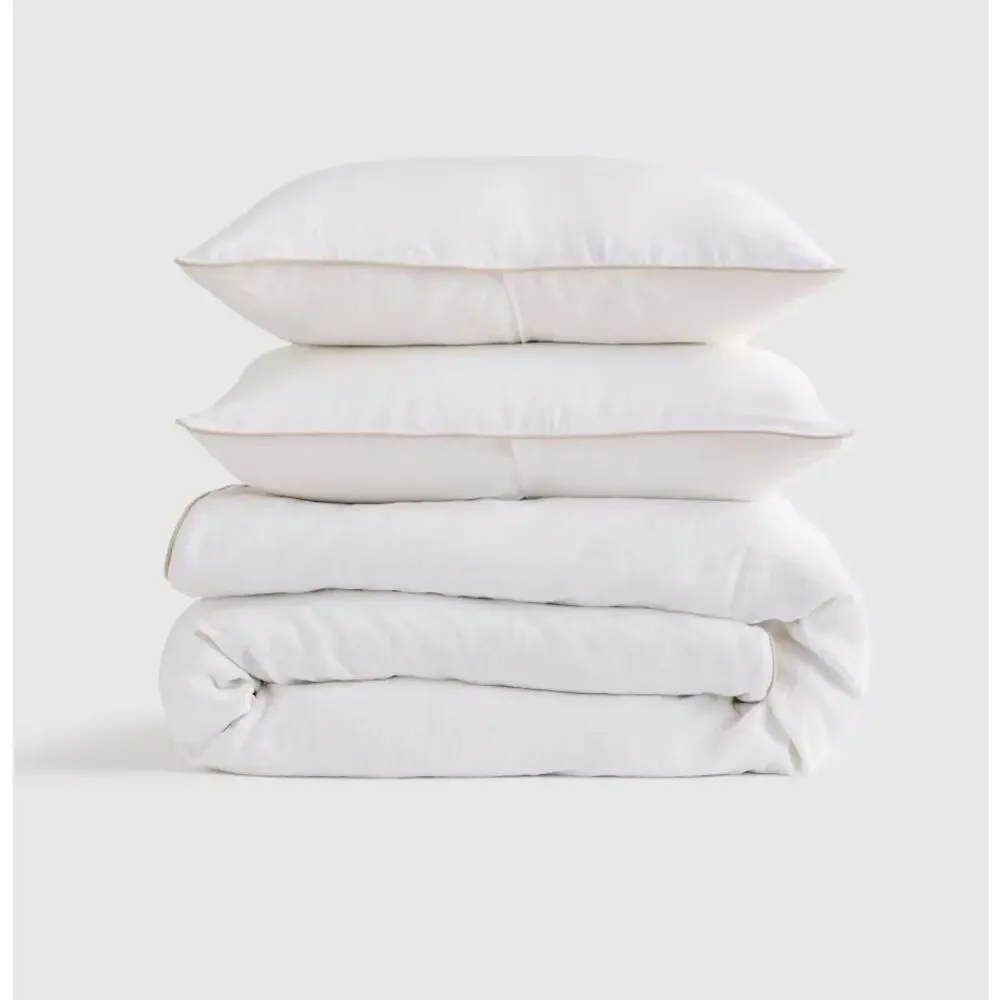 QUINCE European Linen Piped Duvet Cover Set KING White/Toffee